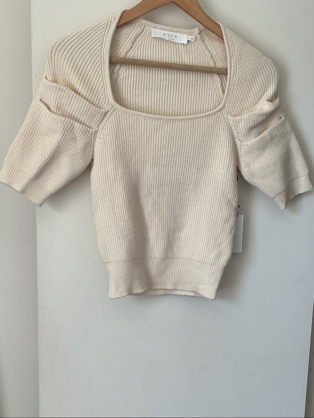 ASTR Cream Square-Neck Ribbed Short-Sleeve Sweater
